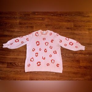 Terra & Sky Women's Pink Sweater With Orange Leopard Print Design Size 2XL